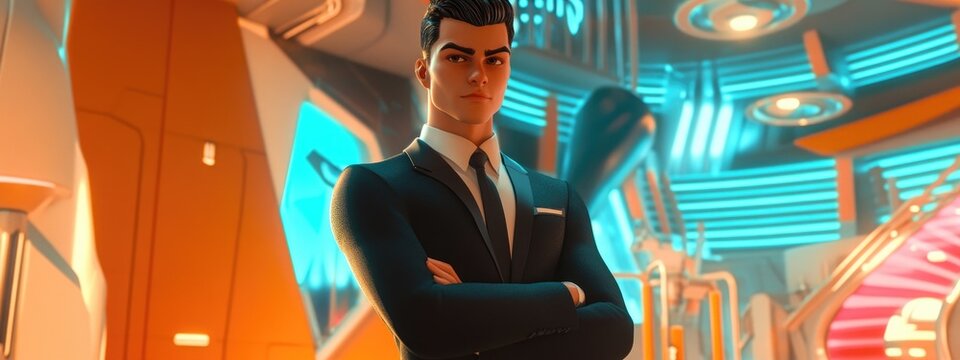 Stylish young character with an impressive physique grooming in a vibrant 3D scene