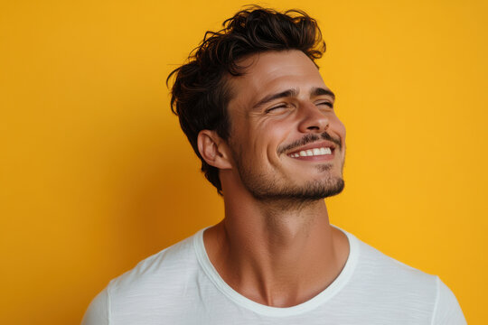A close up of a man's face with her eyes closed