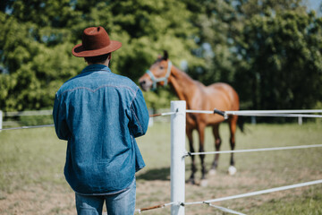Man in denim jacket and hat watching a brown horse in a fenced field, on a sunny day, surrounded by greenery.