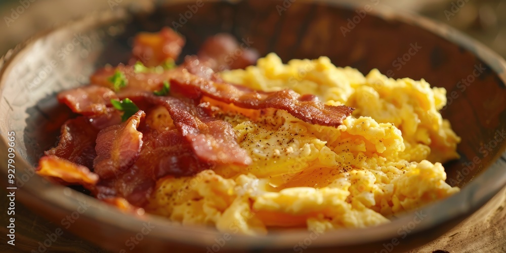 Poster scrambled eggs served with a side of crispy bacon