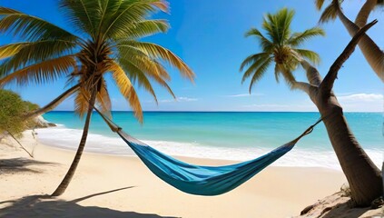 Obraz premium Hammock Between Palm Trees on a Tropical Beach.