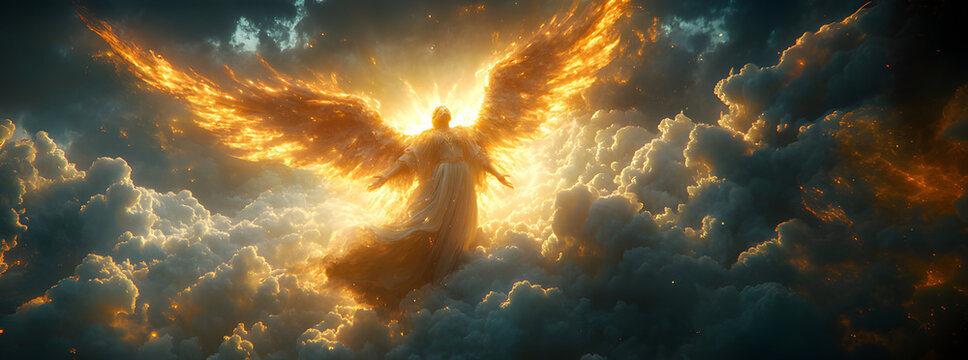 Angel mythology, abstract oil painting of a beautiful, mighty flying angel spreading arms and wings. Dramatic mythology vibe background, clouds and sunrays, representing good and evil.