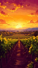 Sunset Enchantment in an anime-style Vineyard: A Tranquil Vineyard Landscape for Tasting Events, Vineyard Promotion, and Creative Marketing,Anime-Style,illustration,Picture BooksFor Poster,Novel,UI,WE