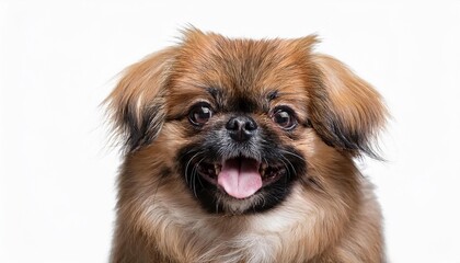 笑顔のペキニーズの子犬のポートレート（Portrait of a smiling Pekingese puppy on white background）
