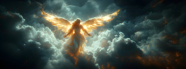 Angel mythology, abstract oil painting of a beautiful, mighty flying angel spreading arms and wings. Dramatic mythology vibe background, clouds and sunrays, representing good and evil.