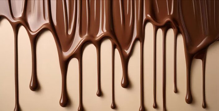 Melted creamy rich dark chocolate drips flowing down light beige wall, animated background