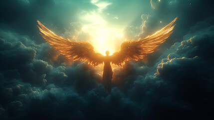 Angel mythology, abstract oil painting of a beautiful, mighty flying angel spreading arms and wings. Dramatic mythology vibe background, clouds and sunrays, representing good and evil.