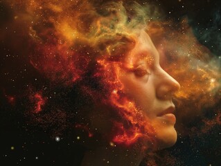 Artistic portrait of a woman's face merging with fiery cosmic clouds