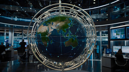 a globe with interconnected lines and icons representing ESG (Environmental, Social, and Governance) principles, including renewable energy