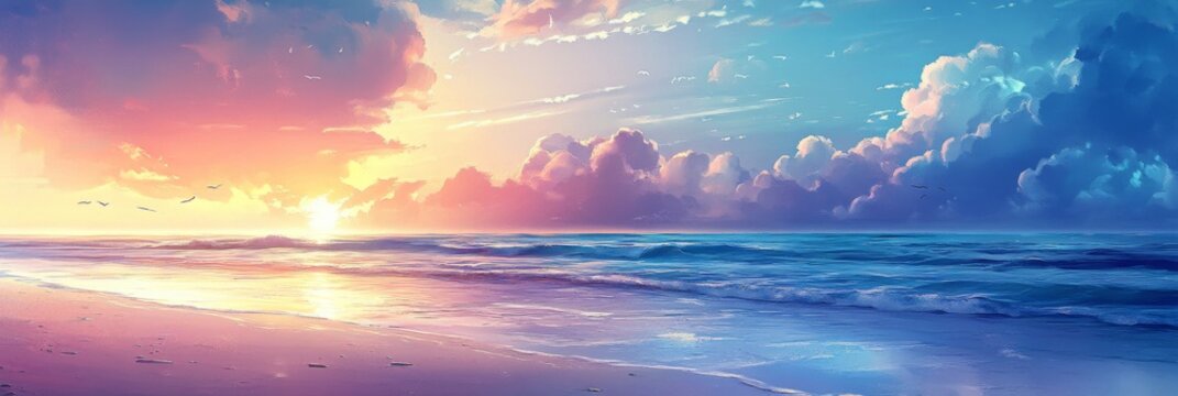 Surreal anime-style Summer Seascape: Enchanted Twilight on the Beach with Ethereal Coastal Vistas for Beach Party Flyers and Ideal Travel Postcards,Anime-Style,illustration,Picture BooksFor Poster,Nov