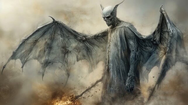 A demonic creature with horns and bat wings, holding a flame-spewing spear, a dark fantasy character in a horror-themed Halloween drawing. - Powered by Adobe