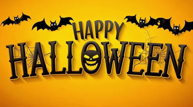 Yellow background with the phrase Happy Halloween written in a stylized font with bats flying in and out of the word.