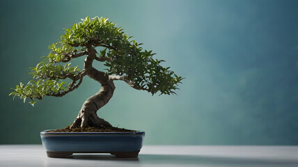 A delicate bonsai tree model standing against a soft gradient background that transitions from green to blue, hd
