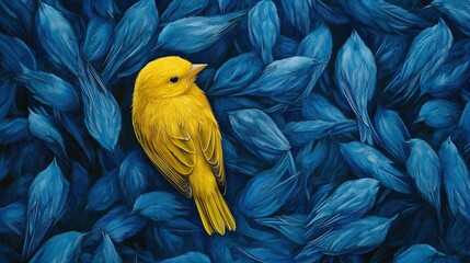 Obraz premium Striking Yellow Bird Among Blue Feathers: A Captivating Poster for Sports Interiors That Enhances Energy and Focus in Any Space