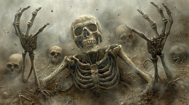 A grisly necromancer commands the skeletal army to rise, the devastated battlefield littered with skulls and shrouded in a deathly mist.