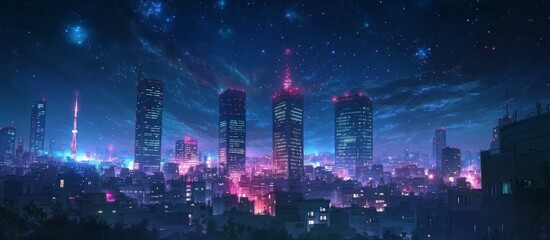 Naklejka premium Starry Enchantment: anime-style Cityscape of a Celestial Metropolis at Night, Glimmering Sky-high Buildings in Modern Artistry,Christmas, New Year 2025, holiday marketing creative poster,Anime-Style