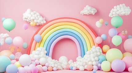 Create a Festive Atmosphere with a Stunning Balloon Rainbow Poster: Colorful Decor Featuring Pastel Candy Spheres and Fluffy Clouds for Sports Interiors or Kids' Parties!