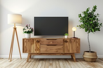 A white entertainment center with a lamp and two potted plants