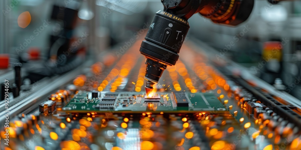 Poster a robotic arm performing precise soldering on a circuit board on a glowing production line, surround