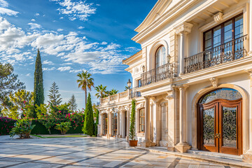 Obraz premium Spanish villa exterior architecture, stately, large wood and glass double doors, opulent
