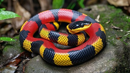 Fototapeta premium Vibrant Coral Snake Poster: A Stunning Red and Yellow Beauty Coiled on a Stone Path in a Rainforest - Perfect for Nature Lovers' Interiors and Wildlife Enthusiasts!