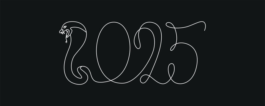 Decoration continuous line hand drawing sign for 2025 year calendar, poster. Vector stock illustration minimalism design isolated on black chalkboard background. Editable stroke single line.
