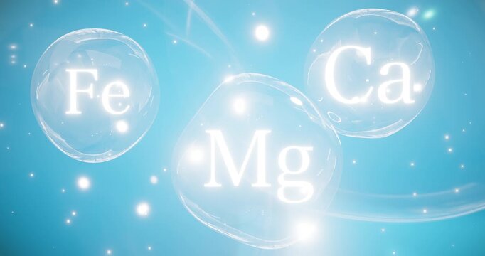 symbols of calcium, magnesium and iron in spheres, minerals ca, mg, fe, food supplements or mineral complex, 3d rendering on a blue background