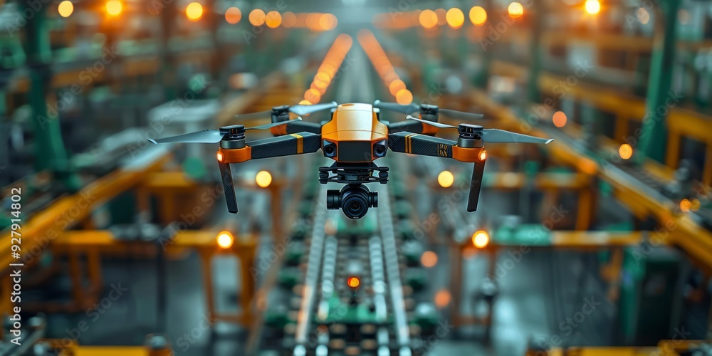 Poster a high-tech drone with a camera hovering in a brightly lit industrial facility, featuring rows of ma