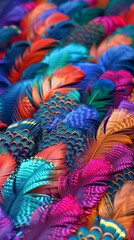 Colorful collection of vibrant feathers with blue, pink, orange hues in ornate pattern