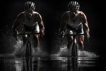 Naklejka premium Dynamic triathlon collage showcasing intense moments of running, swimming, and cycling in a thrilling competition