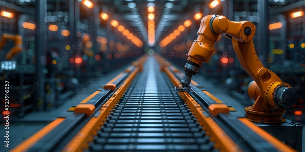 Poster an orange robotic arm working on a high-tech production line in a futuristic factory, illuminated by