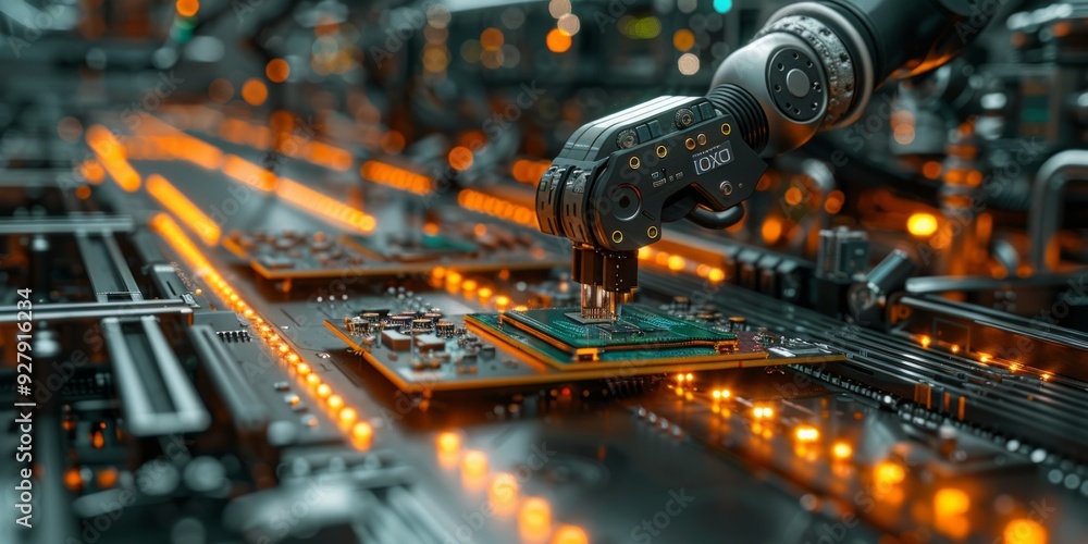 Poster a robotic arm assembling a circuit board on a futuristic production line illuminated by glowing oran