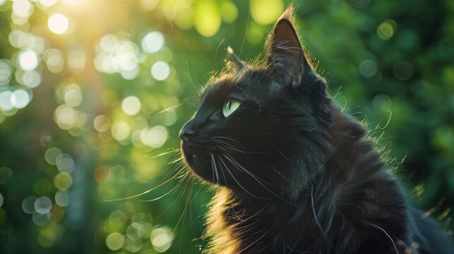 Close up photo of a black Maine Coon cat with sunlight and green backdrop Young male cat gazing away outdoors