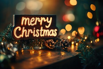 Sign with beautiful festive inscription "Merry Christmas" on wooden background with fir branches, pine cones and amazing bokeh lights for celebration