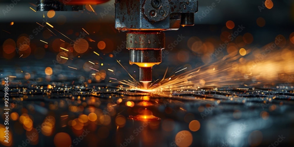 Poster a laser cutting machine slicing through metal with precision, creating vibrant sparks in a high-tech