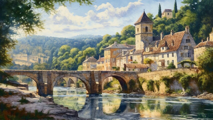Naklejka premium Dordogne With Bridge - village, bridge, river, architecture, scenic, landscape, picturesque, medieval, town, nature, reflection, old buildings, greenery, water, historic