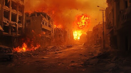 Fototapeta premium Epic War-Torn Street Poster: Captivating Fiery Explosions and Scorched Buildings – Perfect for Sports Interiors and Dramatic Display!