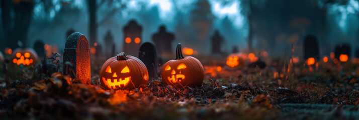 Spooky Halloween night with glowing pumpkins in a haunted cemetery