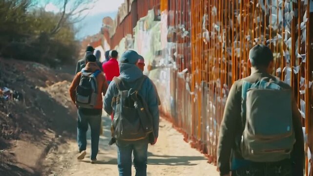 Migrants walking along the border wall