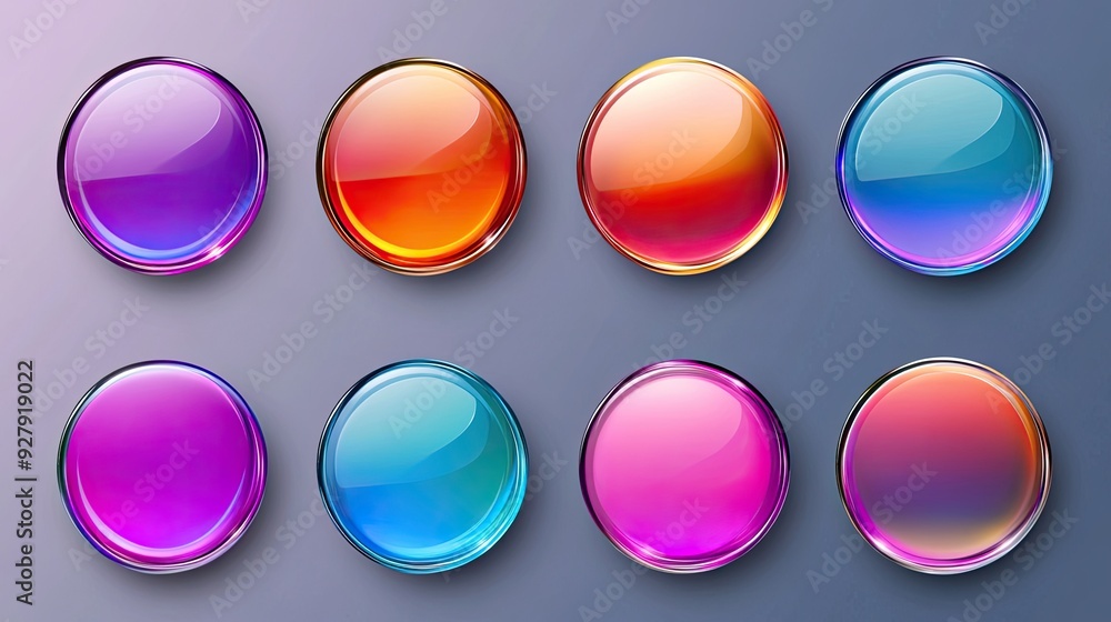 Poster a vibrant collection of glossy, colorful circular buttons arranged in a grid overlaying a subtle gra