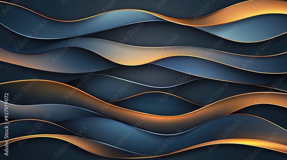 Poster abstract wave patterns in blue and gold create a harmonious and modern visual texture, perfect for b