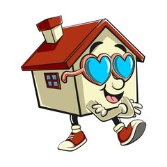 house cartoon character mascot retro vector design wearing heart shaped beach sunglasses, work of hand drawn