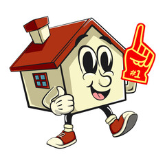house cartoon character mascot retro vector design raise foam finger, work of hand drawn