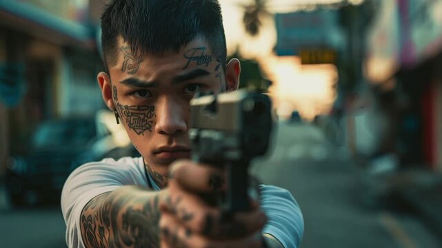 Young man holding a gun on a street