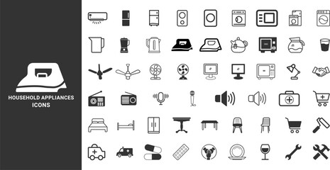 Household appliances vector icon set such Containing washing machine, blender, hairdryer, Vector illustration