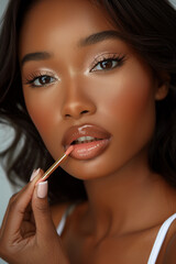 Obraz premium Stunning portrait of an African American woman apply gloss to lips with a brush