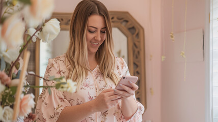 Fototapeta premium Happy young girl with mobile phone. Woman relax browsing media in mobile phone at home