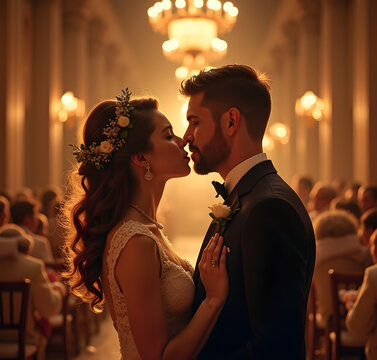 Pareja de novios con ropa de boda bes&aacute;ndose en una iglesia