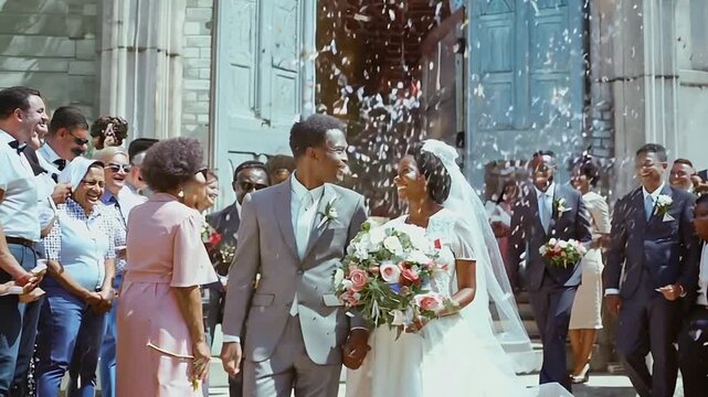 Newly wed couple coming out of church in 1960s 