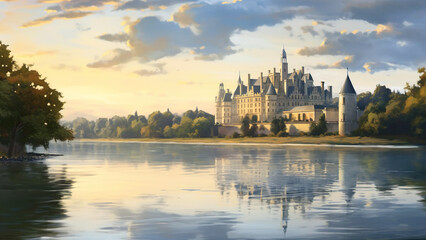 Obraz premium Loire Valley - castle, river, reflection, trees, sunset, sky, clouds, water, nature, landscape, architecture, medieval, historical, building, fortress, mansion, scenic